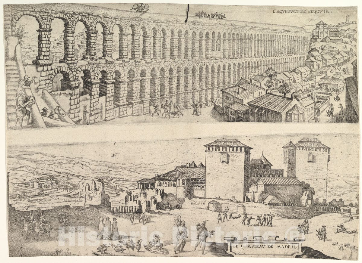 Art Print : Jan Cornelisz Vermeyen - The Aqueduct at Segovia and The Castle of Madrid : Vintage Wall Art