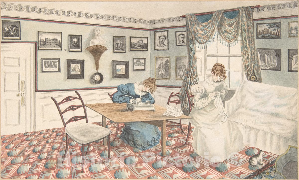 Art Print : Daughters of Bishop Parr - Interior with a Woman Writing and Sewing : Vintage Wall Art