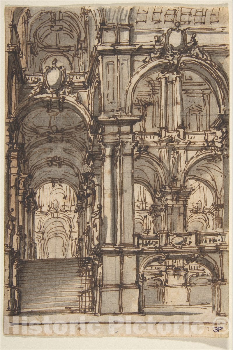 Art Print : Giovanni Battista Natali III - Design for a Stage Set: Stairway and Arcades Leading to a Salone : Vintage Wall Art