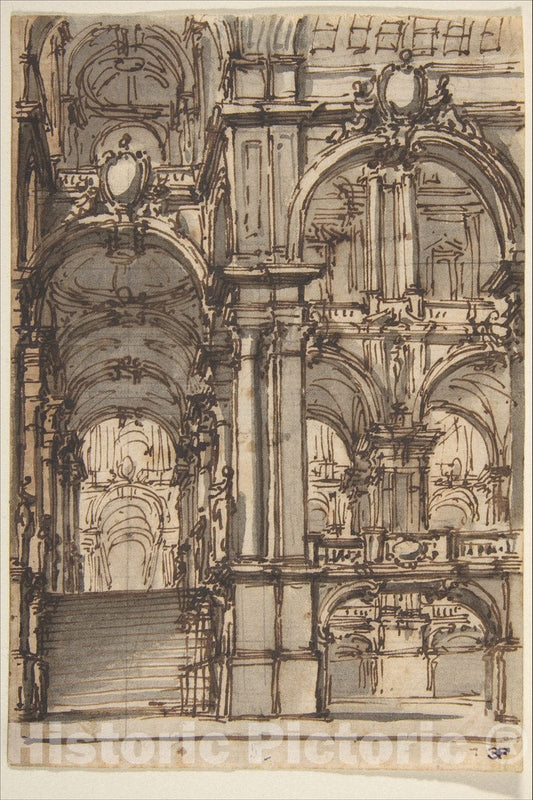 Art Print : Giovanni Battista Natali III - Design for a Stage Set: Stairway and Arcades Leading to a Salone : Vintage Wall Art