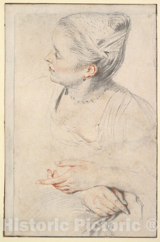 Art Print : Antoine Watteau - Study of a Woman’s Head and Hands : Vintage Wall Art