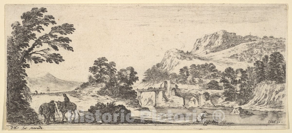 Art Print : A Mule Carrying a Woman and a Peasant Walking with a Mule to Left - Artist: Stefano Della Bella - Created: c1641 : Vintage Wall Art