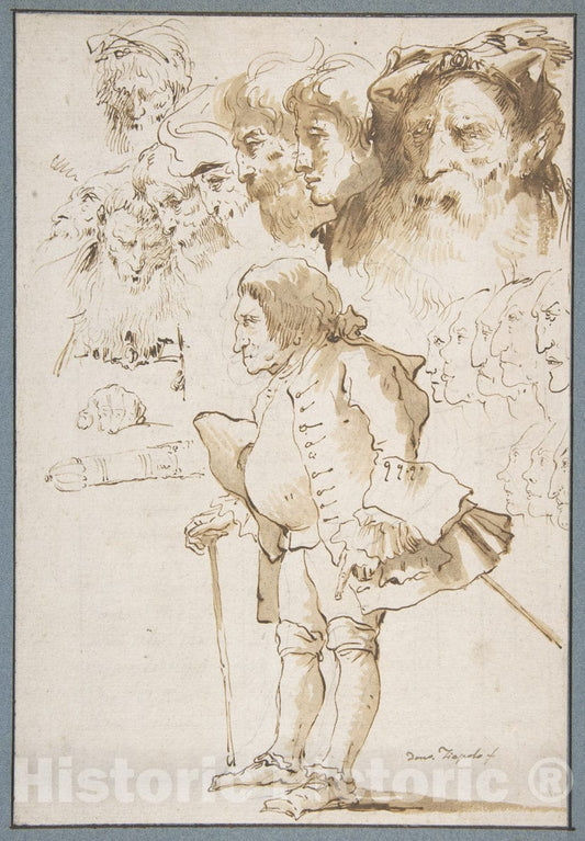 Art Print : Giovanni Domenico Tiepolo - Caricature of a Gentleman and Other Studies : Vintage Wall Art