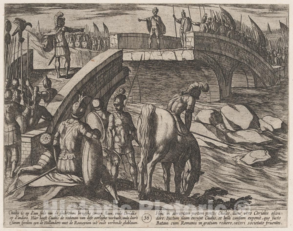 Art Print : Plate 36: Civilis and Cerialis Meet on a Broken Bridge to Reach an Accord - Artist: Antonio Tempesta - Created: 1611 : Vintage Wall Art