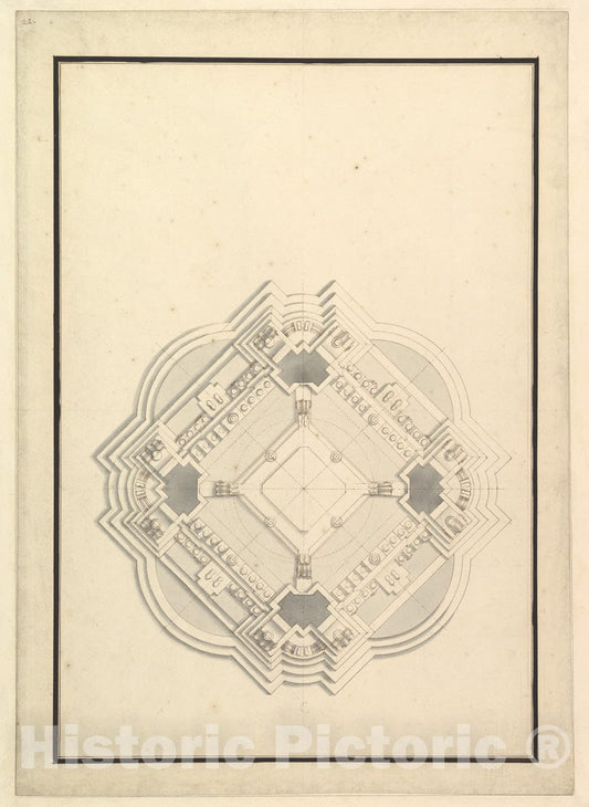 Art Print : Workshop of Giuseppe Galli Bibiena - Ground Plan for a Catafalque for Louis I, King of Spain (reigned only a Few Months, Died 1724) : Vintage Wall Art