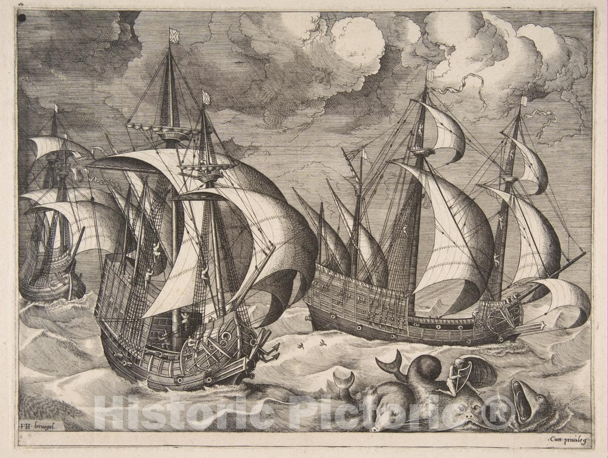 Art Print : Pieter Bruegel The Elder - Three Caravels in a Rising Squall with Arion on a Dolphin from The Sailing Vessels v.1 : Vintage Wall Art