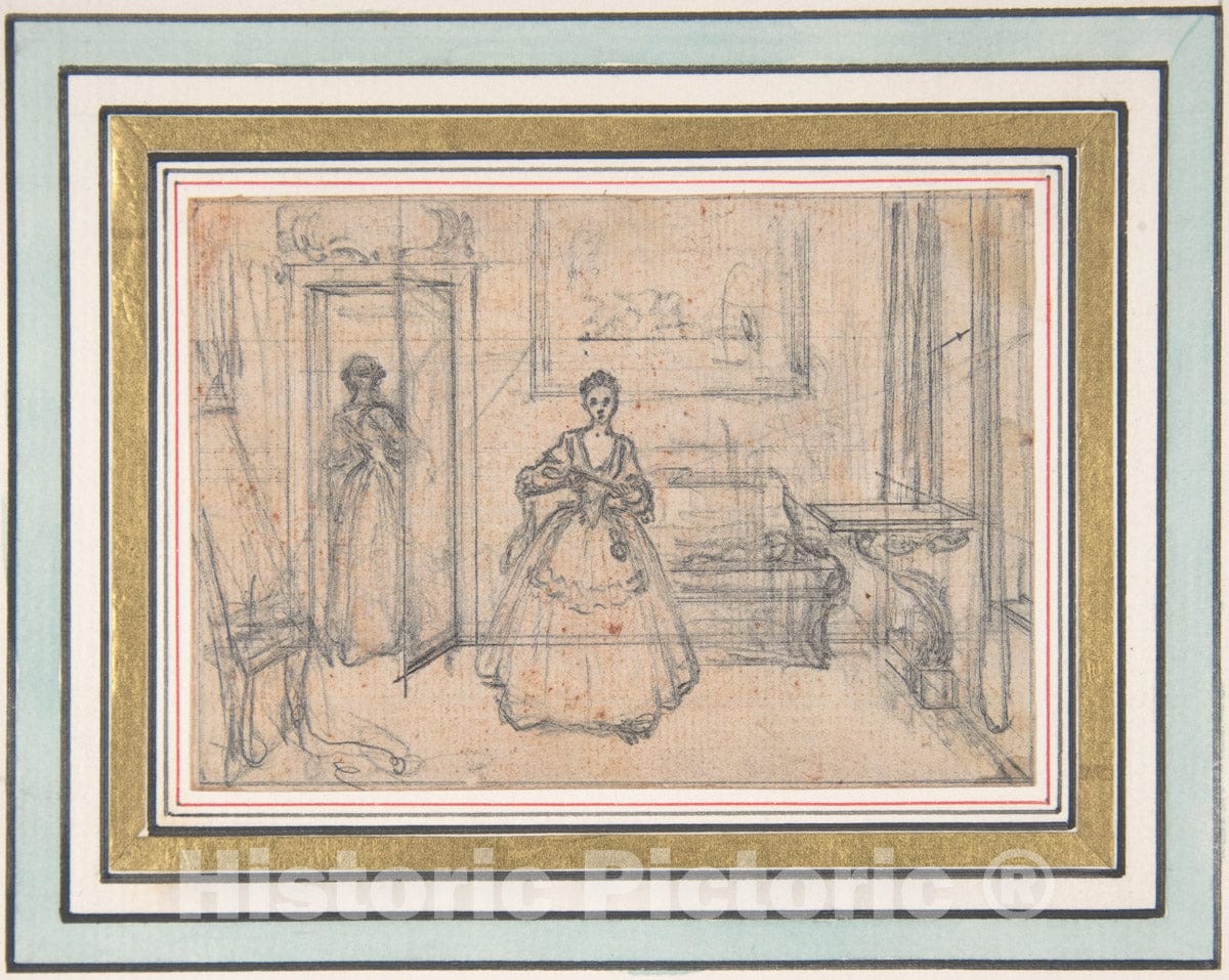 Art Print : Hubert François Gravelot - Study for an Engraving of Songs in The Opera of Flora 3 : Vintage Wall Art