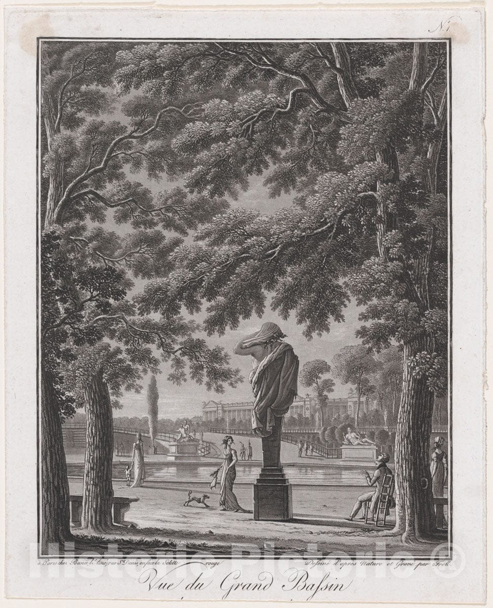 Art Print : Johann Heinrich Troll - View of The Grand Basin of The Tuileries (Behind The Statue of Autumn) : Vintage Wall Art