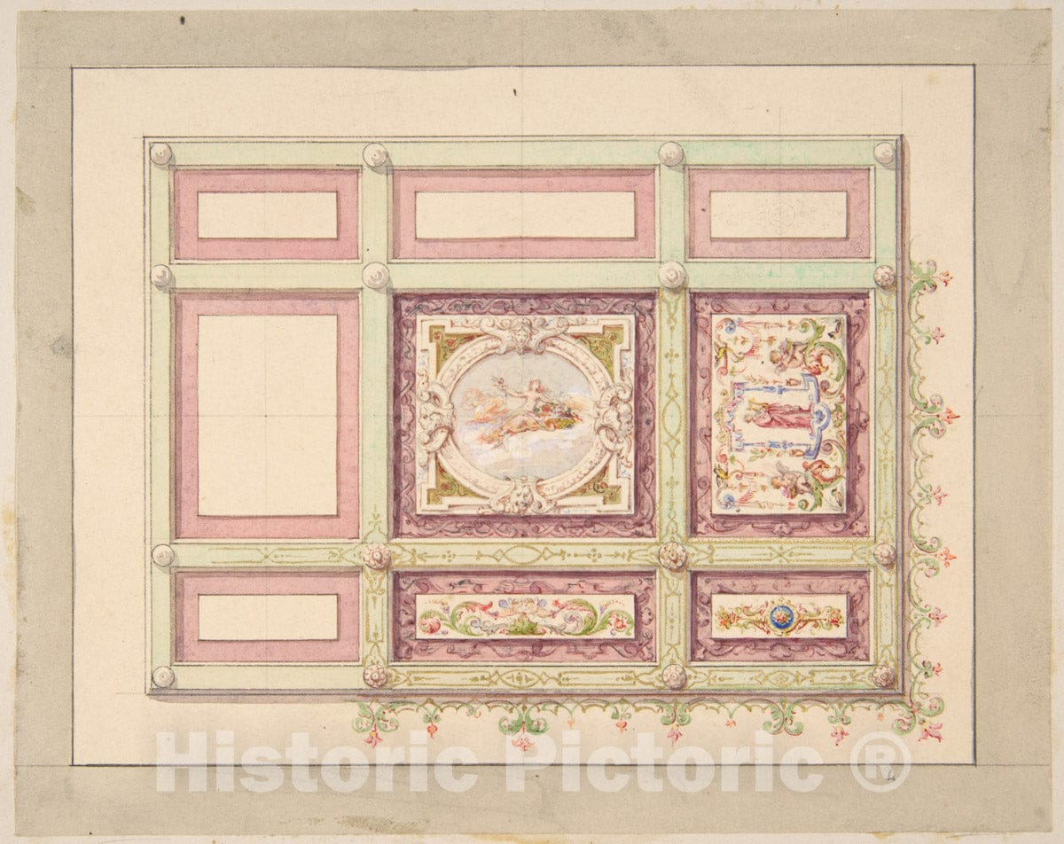 Art Print : Jules-Edmond-Charles Lachaise - Design for a Ceiling with allegorical Panels : Vintage Wall Art