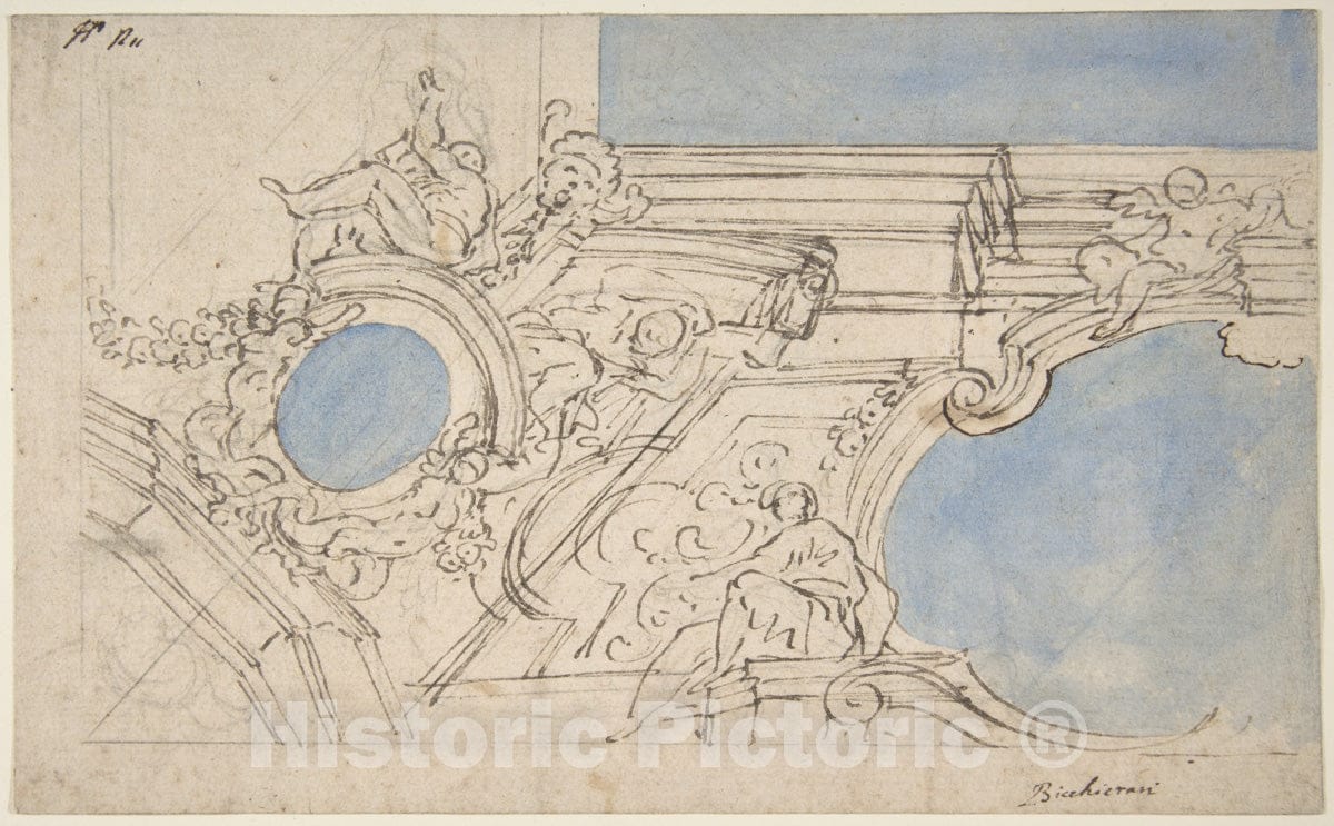 Art Print : Luigi Garzi - A Foreshortened View of a Ceiling Corner Decorated with Statues, Putti and Garlands : Vintage Wall Art