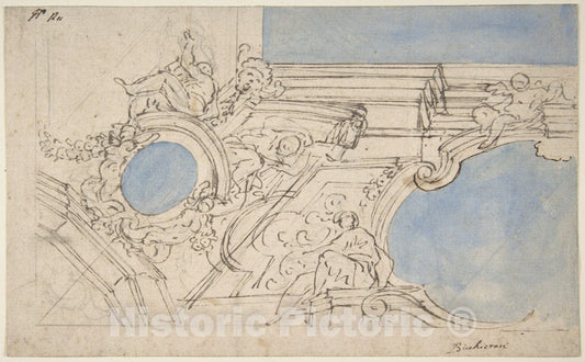 Art Print : Luigi Garzi - A Foreshortened View of a Ceiling Corner Decorated with Statues, Putti and Garlands : Vintage Wall Art