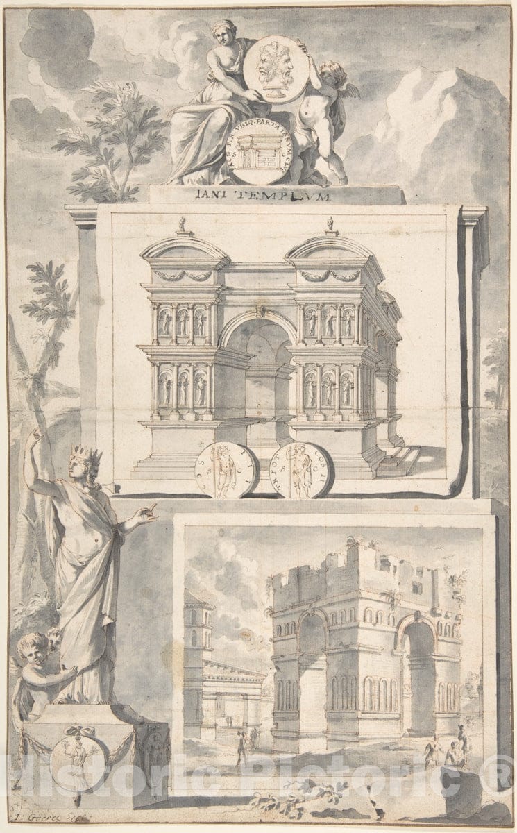 Art Print : Jan Goeree - A Reconstruction of The Temple of Janus (Above) and a View of The Ruins (Below) : Vintage Wall Art