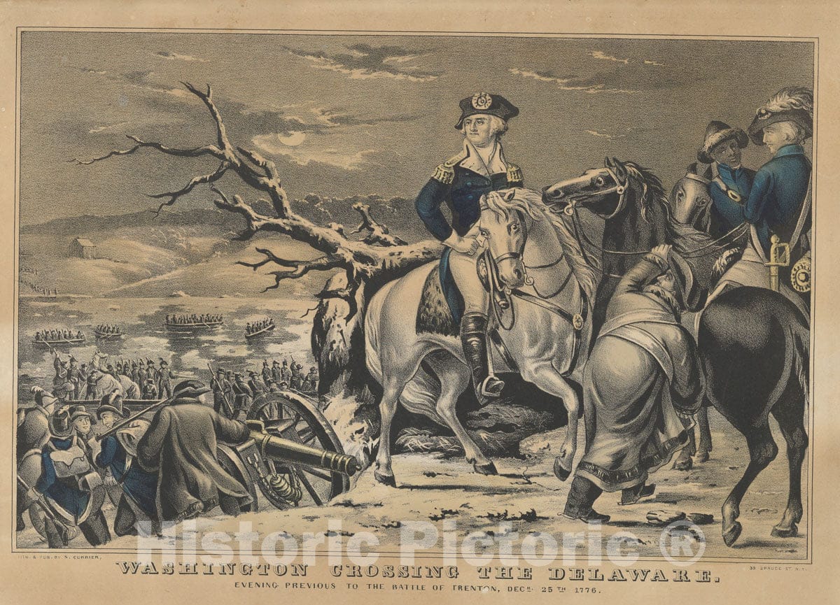 Art Print : Lithographed and Published by Nathaniel Currier - Washington Crossing The Delaware–Evening Previous to The Battle of Trenton, December 25th, 1776 1 : Vintage Wall Art