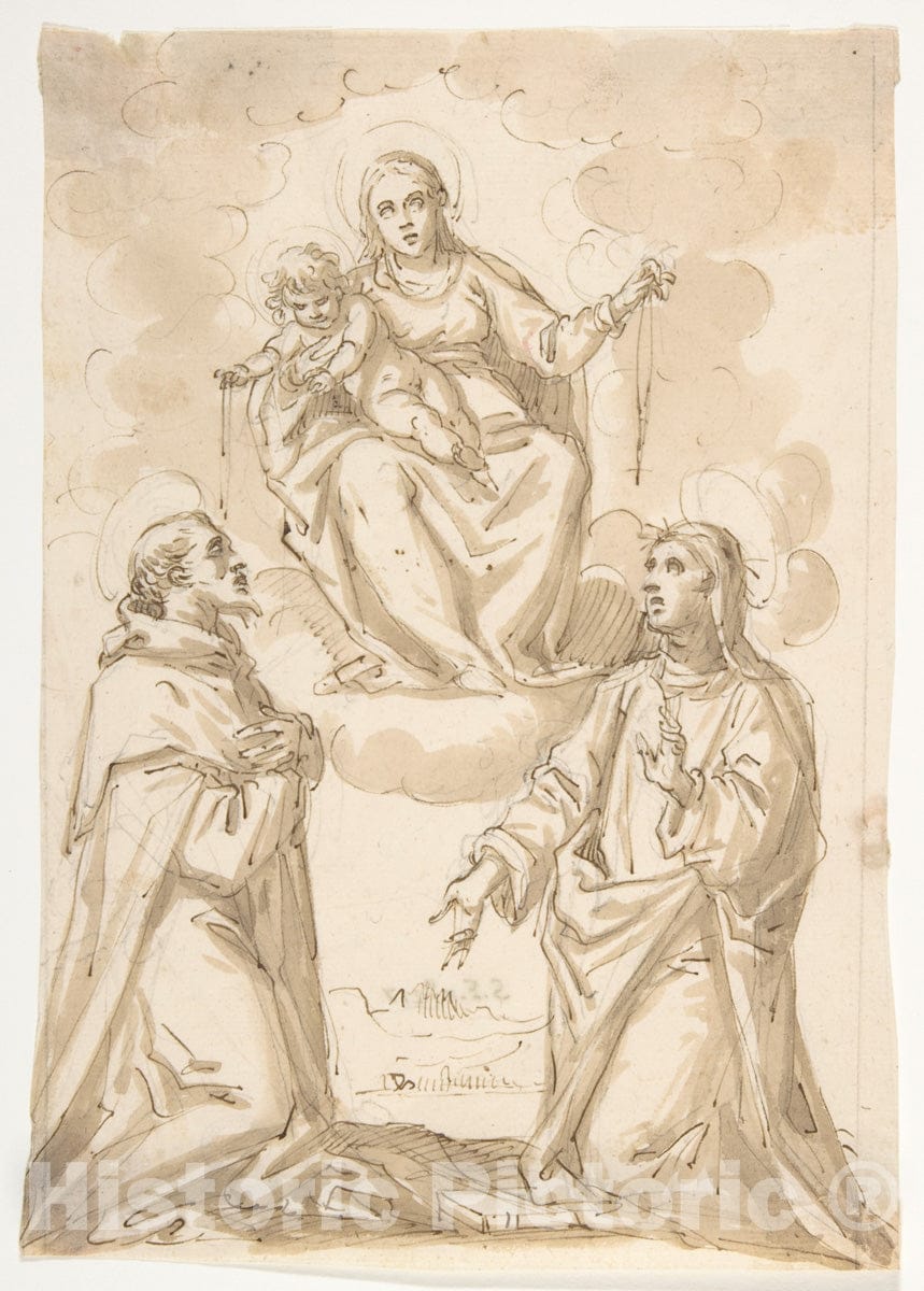 Art Print : Pietro Mera (Il Fiammingo) - The Virgin and Child with Chaplets Appearing to Saint Dominic and Saint Catherine of Siena : Vintage Wall Art