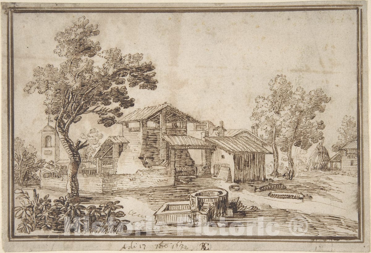 Art Print : Remigio Cantagallina - Landscape with a Farm House and a Bell Tower : Vintage Wall Art
