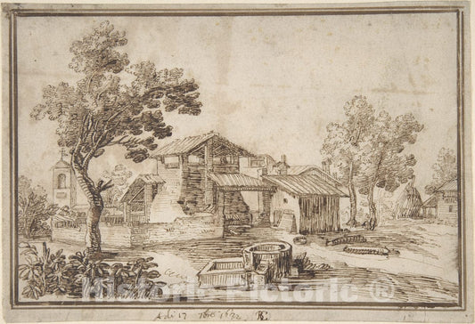 Art Print : Remigio Cantagallina - Landscape with a Farm House and a Bell Tower : Vintage Wall Art