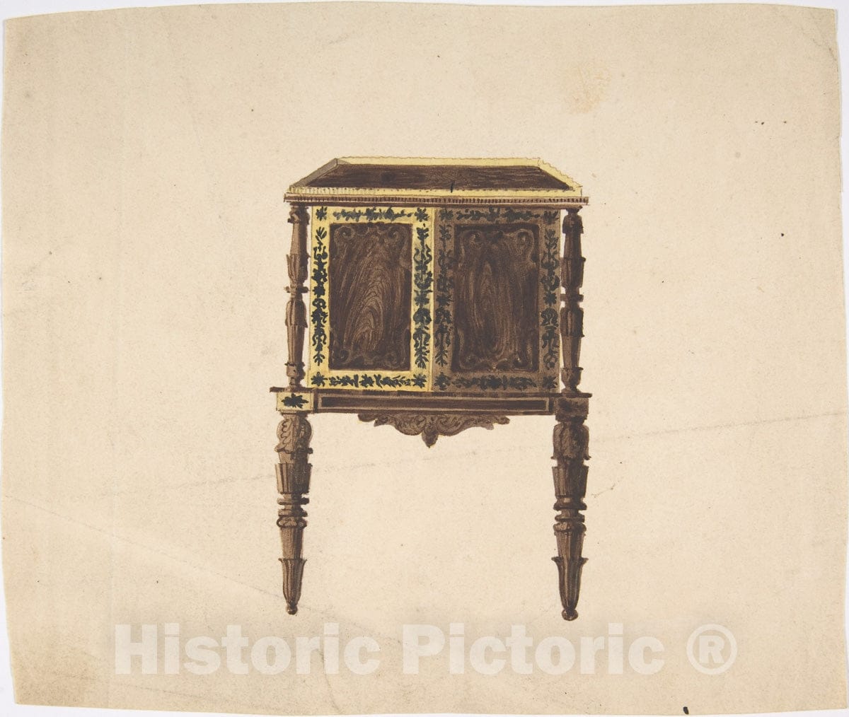 Art Print : British, 19th Century - Design for a Small Cabinet with Elaborately Carved Legs : Vintage Wall Art