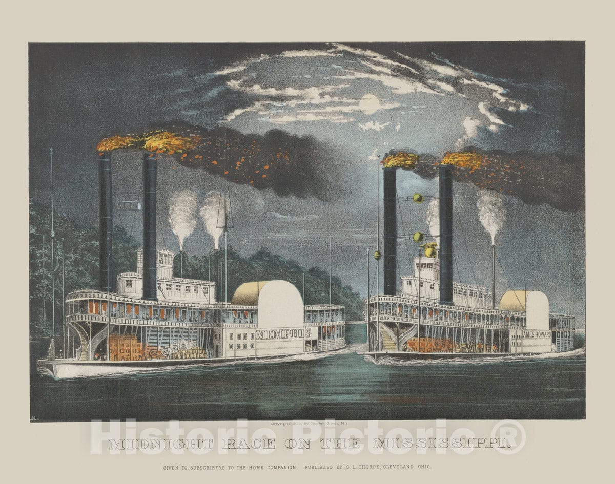 Art Print : Lithographed and published by Currier & Ives - Midnight Race on The Mississippi : Vintage Wall Art