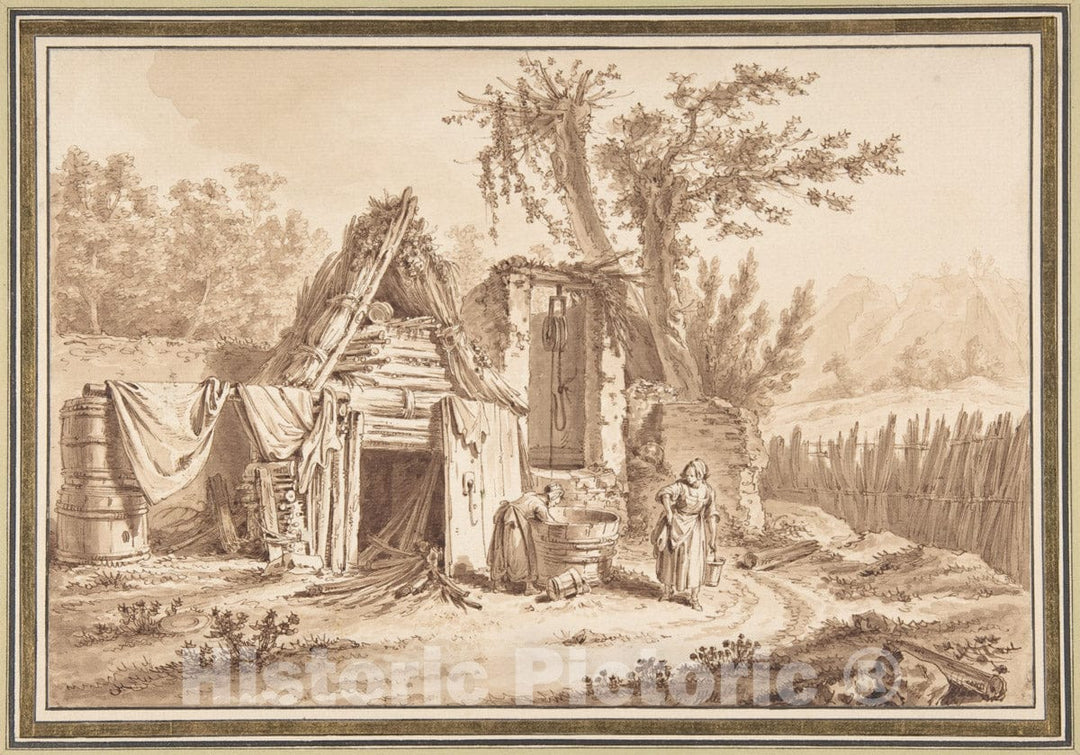 Art Print : Johann Georg Wille - Washerwomen in Front of a Cottage : Vintage Wall Art