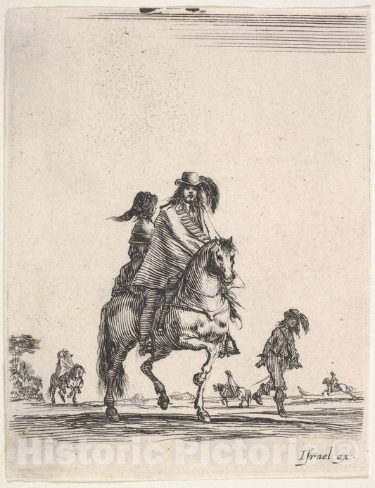 Art Print : A Horseman and his Wife, Seated Side-Saddle Behind him - Artist: Stefano Della Bella - Created: c1642 : Vintage Wall Art