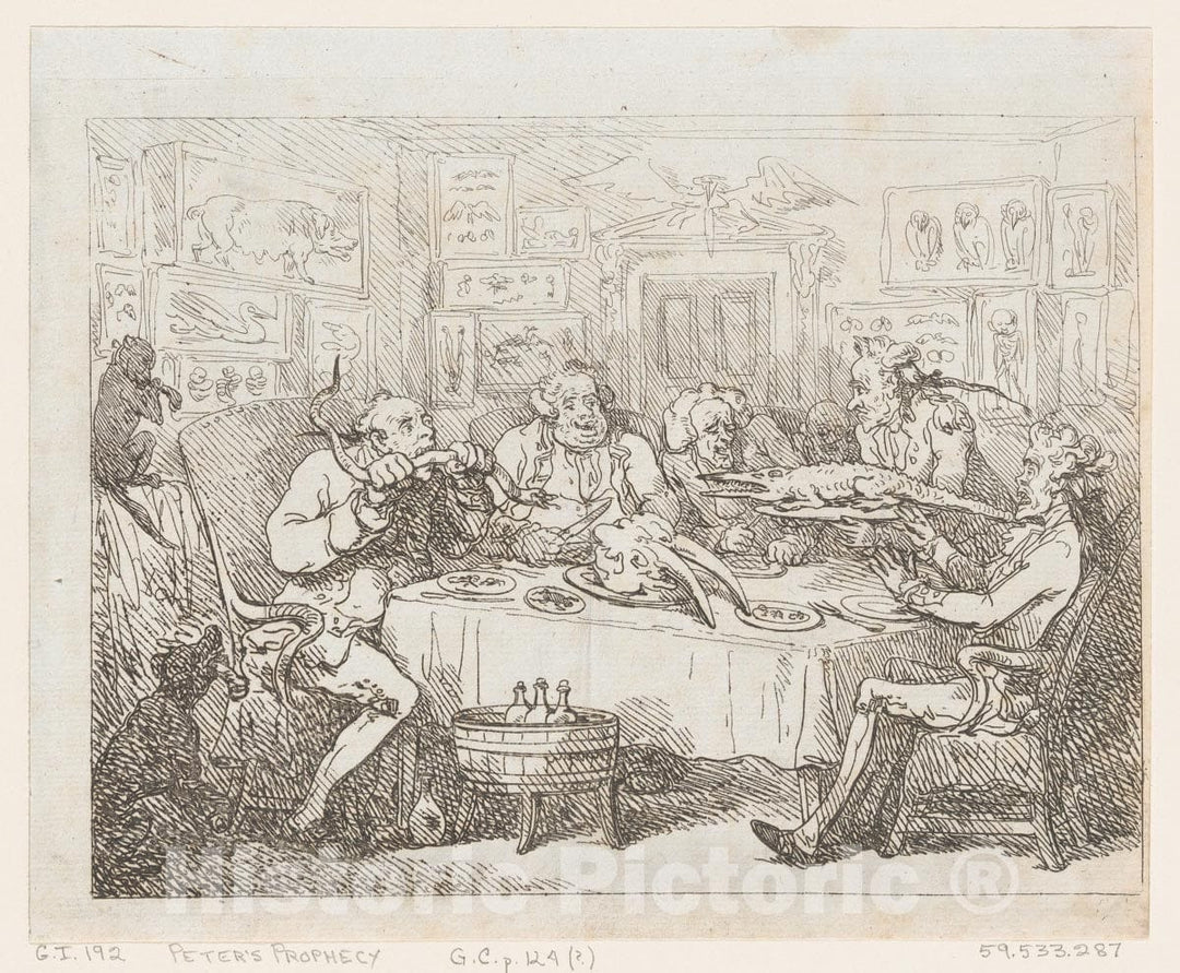 Art Print : Thomas Rowlandson - Sir Joseph Banks About to Eat an Alligator (‘The Fish Supper’) : Vintage Wall Art