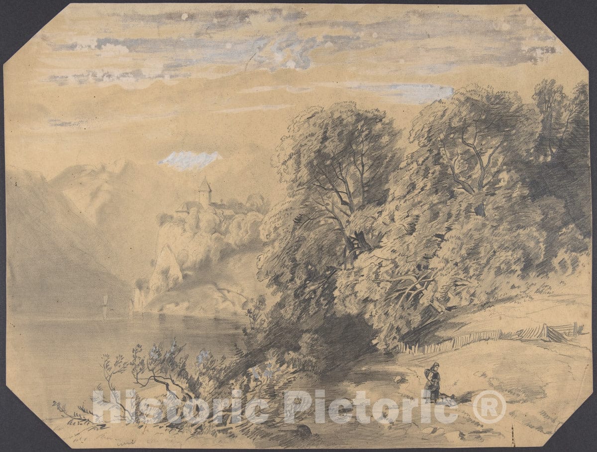 Art Print : Alexandre Calame - Woman with a Dog by a Mountain Lake : Vintage Wall Art