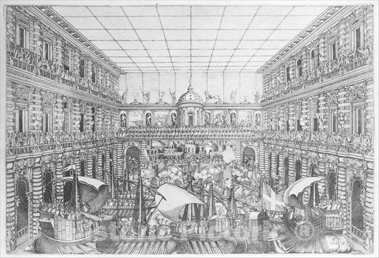Art Print : Naumachia in The Court of Palazzo Pitti - Artist: Bernardo Buontalenti (Bernardo Delle Girandole) - Created: 1589–1592 : Vintage Wall Art