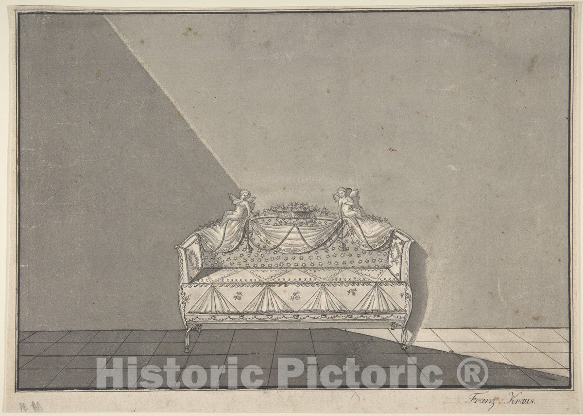 Art Print : Franz Krauß - Design for a Sofa with putti : Vintage Wall Art