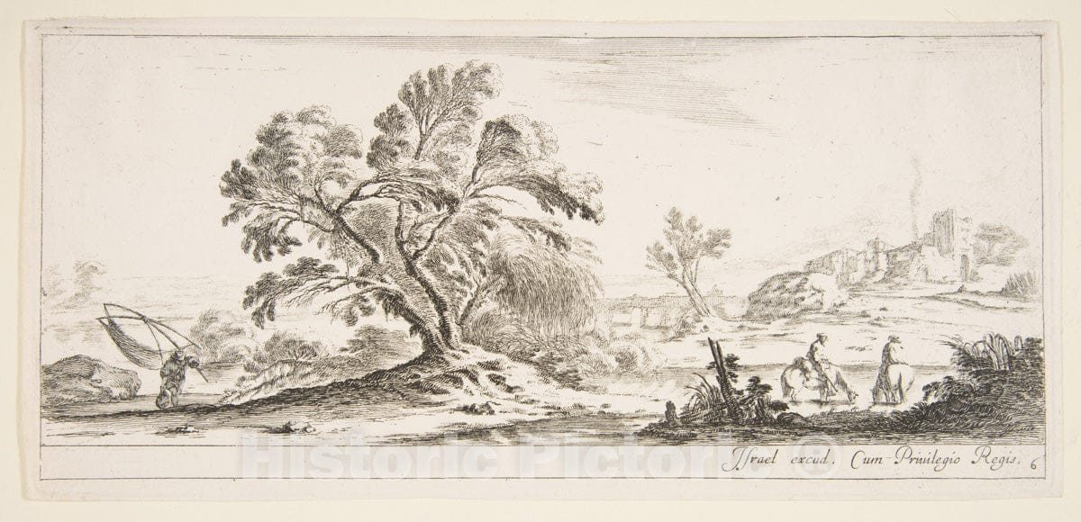 Art Print : Plate 6: a Fisherman Carrying a net to Left, Two Horsemen in a Stream to Right - Artist: Stefano Della Bella - Created: c1641 2 : Vintage Wall Art