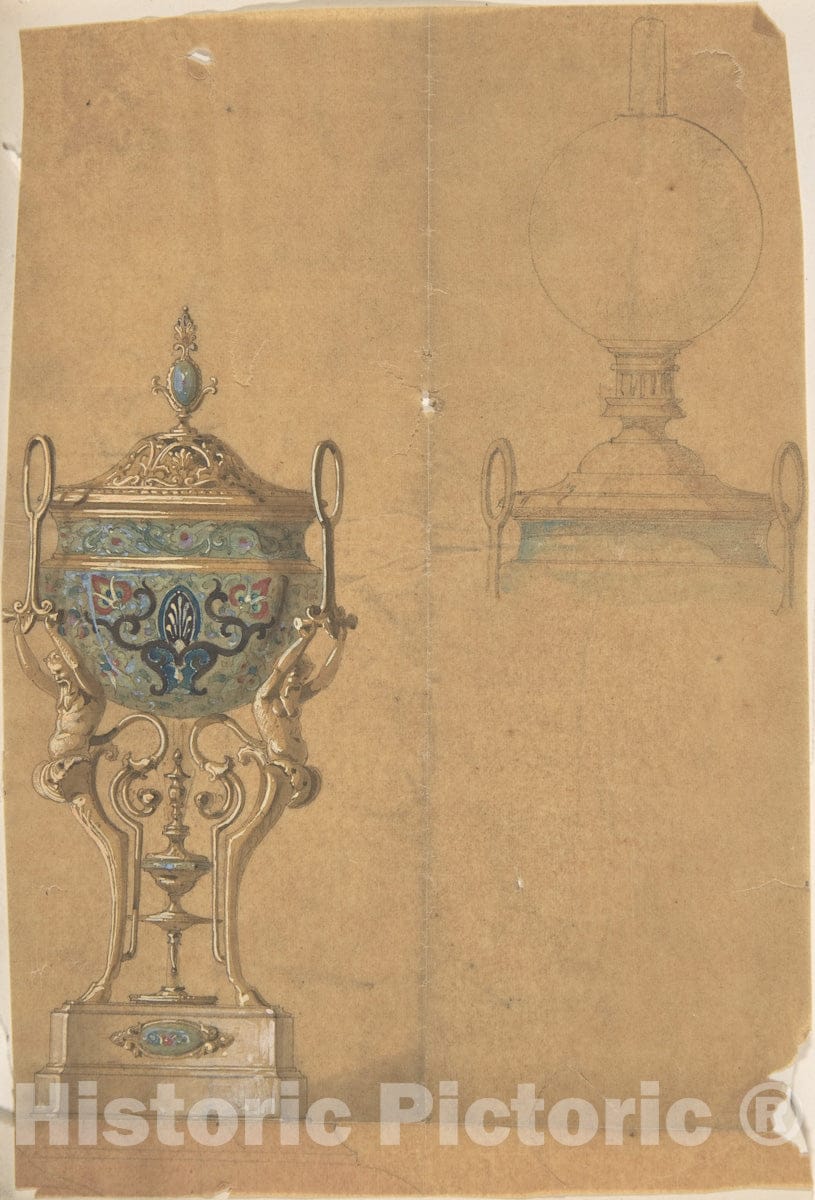 Art Print : British, 19th Century - Stone Vessel Supported on Legs in The Form of Fauns, with a Metal Lid : Vintage Wall Art