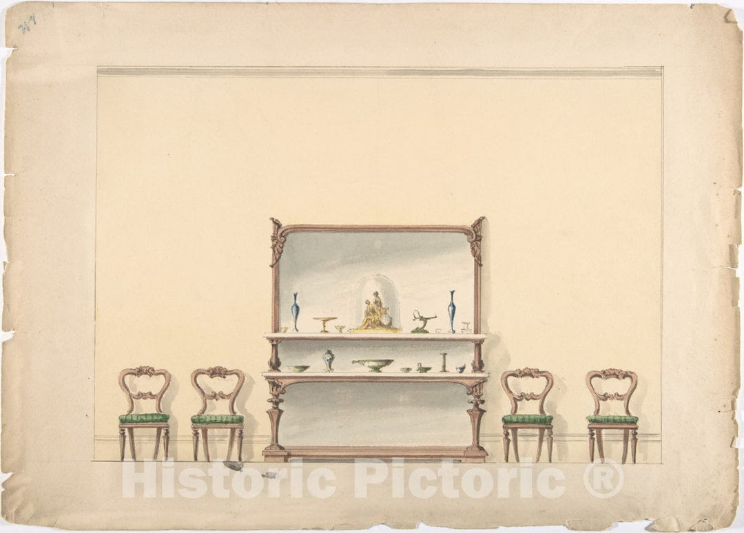 Art Print : British, 19th Century - Design for a Mirrored, Marble-Topped Sideboard and Four Chairs : Vintage Wall Art