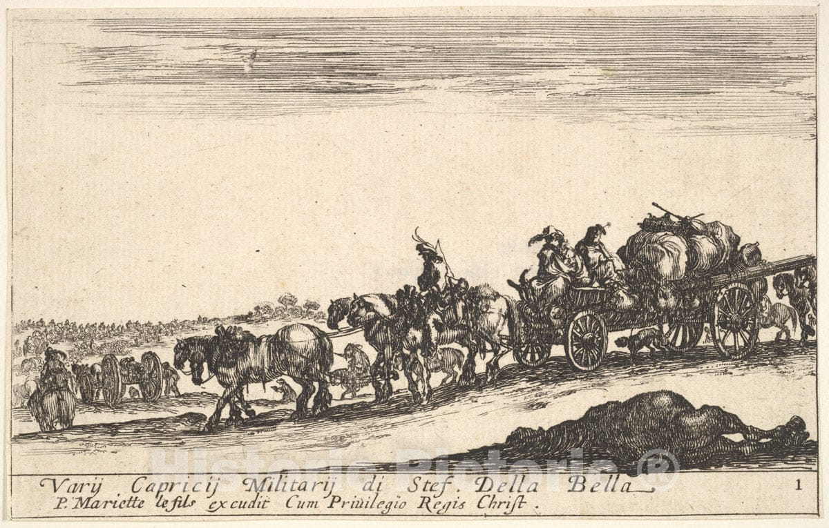 Art Print : Plate 1: A Horse Drawn cart Carrying People and Goods - Artist: Stefano Della Bella - Created: c1641 : Vintage Wall Art
