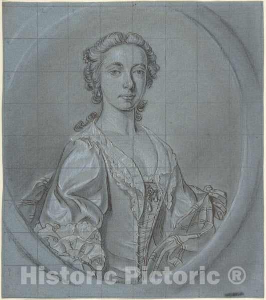 Art Print : Circle of Joseph Van Aken - Bust-Length Portrait Study of a Young Woman with a Striped Shawl : Vintage Wall Art
