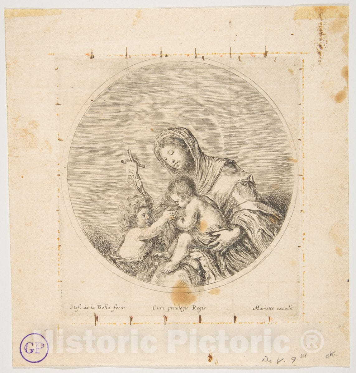 Art Print : Stefano Della Bella - The Virgin and Child with Saint John, a Round Composition : Vintage Wall Art