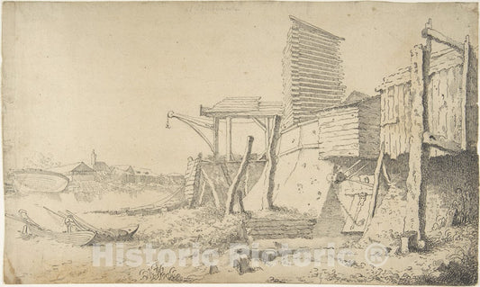 Art Print : After John Hamilton Mortimer - Building On a Riverbank : Vintage Wall Art