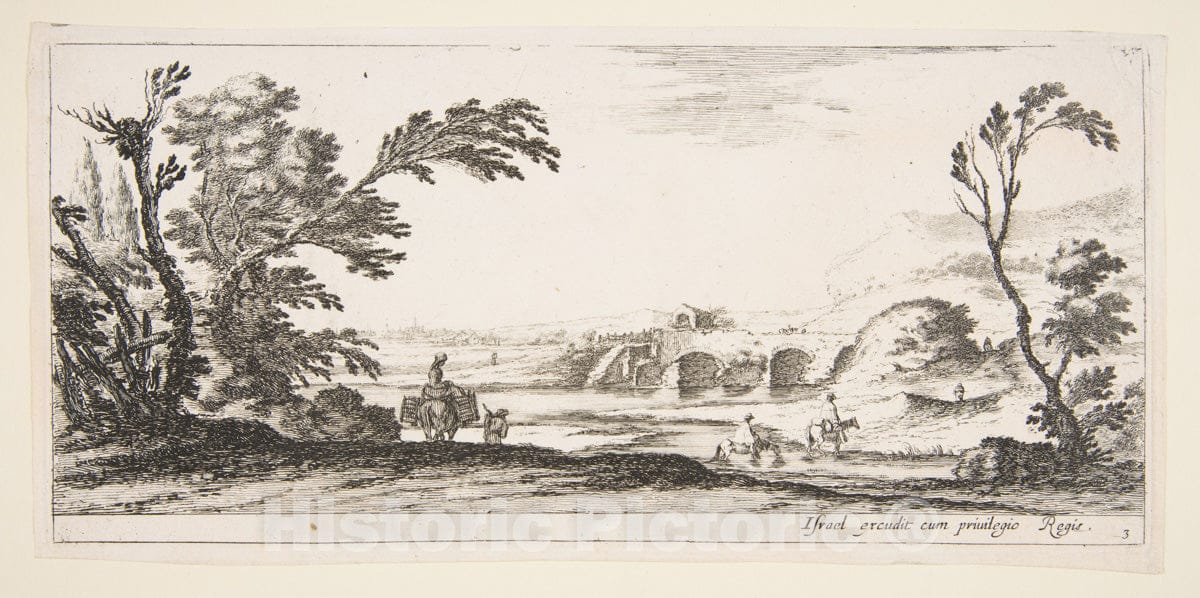 Art Print : Plate 3: Two Horsemen Crossing a River to Right - Artist: Stefano Della Bella - Created: c1641 1 : Vintage Wall Art