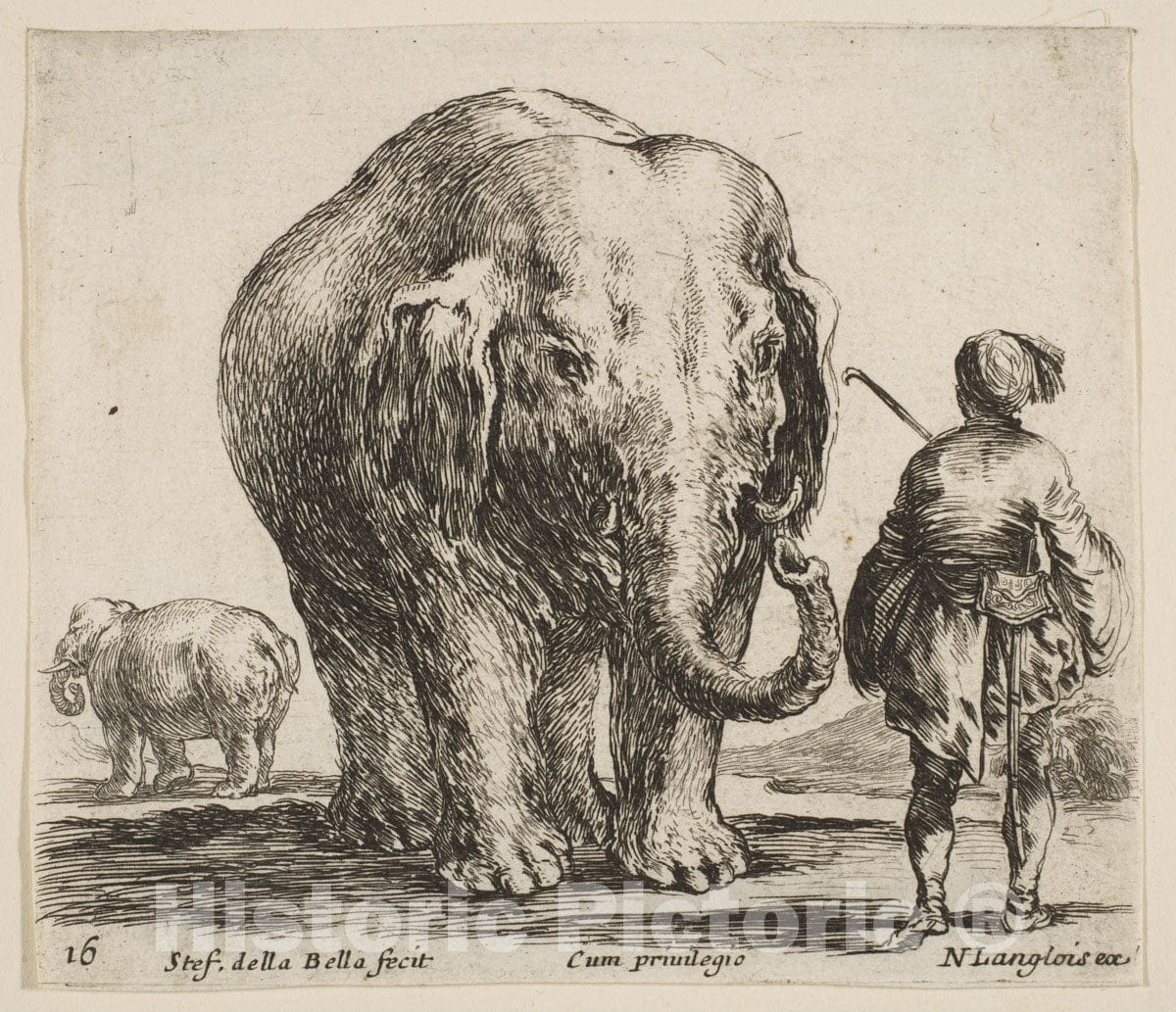 Art Print : Plate 16: an Elephant in Center - Artist: Stefano Della Bella - Created: c1644 1 : Vintage Wall Art