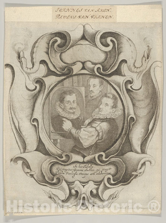 Art Print : Jacob Lutma - Auricular Cartouche with The Painter Hans von Aachen, The Goldsmith Paulus Van Vianen, and The Sculptor Adriaen de Vries : Vintage Wall Art