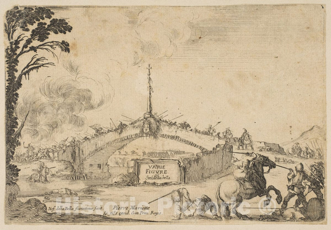 Art Print : Combat on a Bridge, a Horseman and Two footsoldiers - Artist: Stefano Della Bella - Created: c1645 : Vintage Wall Art