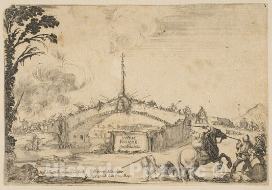 Art Print : Combat on a Bridge, a Horseman and Two footsoldiers - Artist: Stefano Della Bella - Created: c1645 : Vintage Wall Art