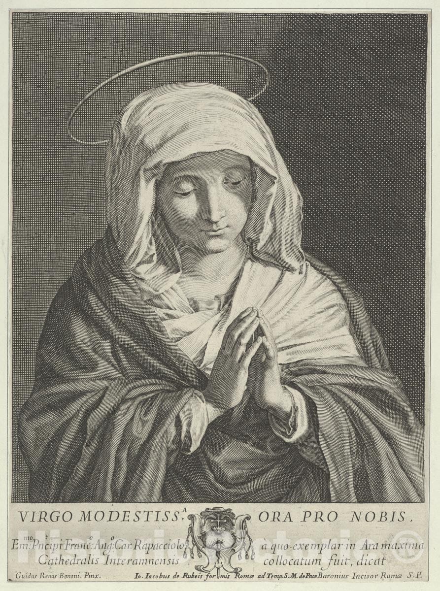 Art Print : Engraved by Jean Baron - The Virgin in Prayer Looking Down, After Reni : Vintage Wall Art