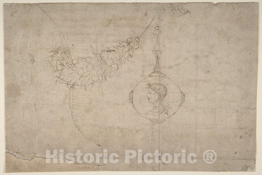 Art Print : Giovanni Francesco Penni - Design for an Urn with Garland of Vegetables and Fruit and Medallion with Profile of a Caesar. : Vintage Wall Art