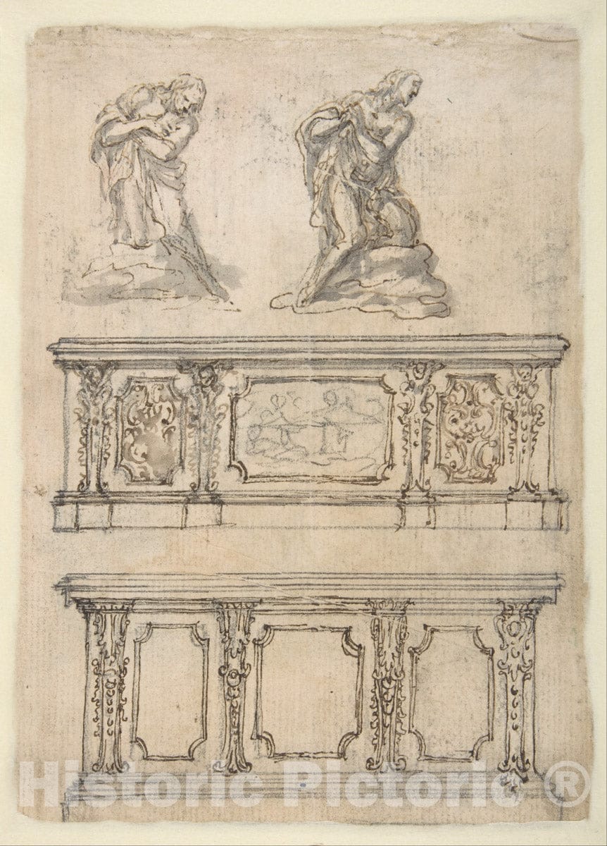 Art Print : Giovanni Battista Foggini - Studies for a Kneeling Figure of Christ and Altar Fronts. : Vintage Wall Art