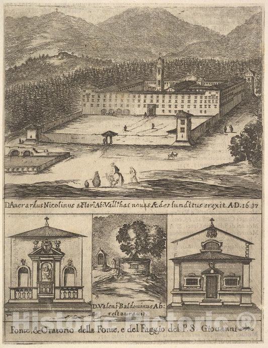Art Print : Four Views: at top, a View of The New Monastery of Vallombrosa - Artist: Stefano Della Bella - Created: 1640 : Vintage Wall Art