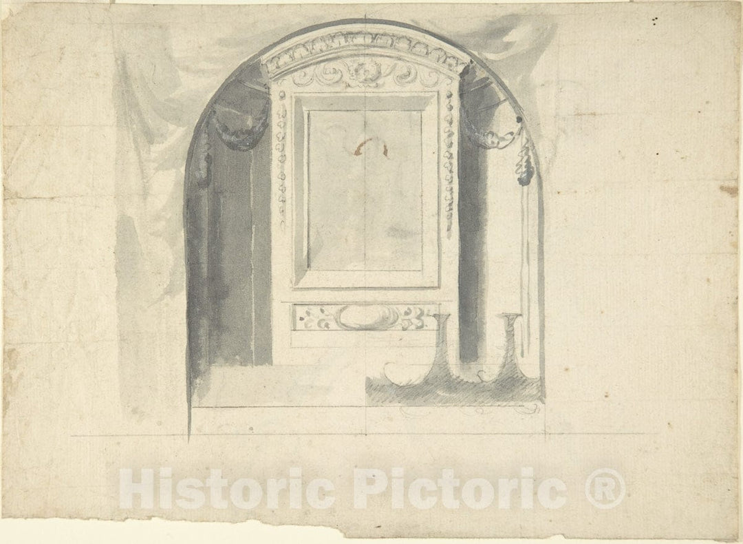 Art Print : Italian, 17th Century - Design for a Chapel or Niche (Recto); Design for Decoration with Putto Head and Rinceau (Verso) : Vintage Wall Art