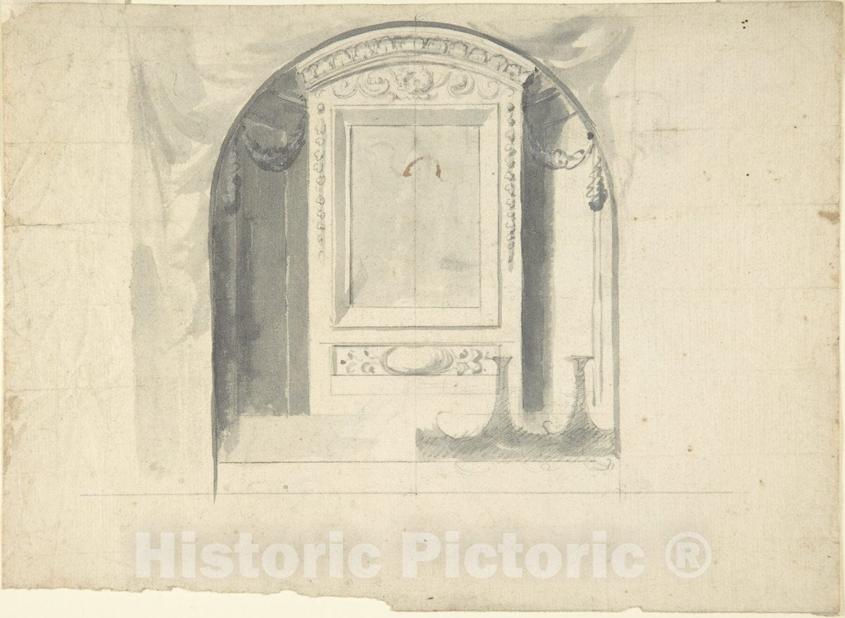 Art Print : Italian, 17th Century - Design for a Chapel or Niche (Recto); Design for Decoration with Putto Head and Rinceau (Verso) : Vintage Wall Art