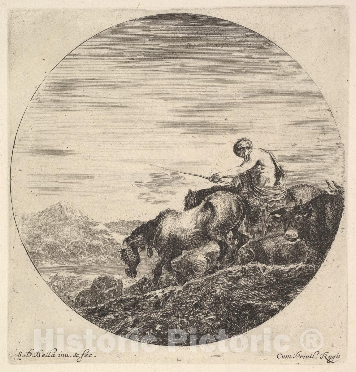Art Print : A Shepherd at Right - Artist: Stefano Della Bella - Created: c1643 : Vintage Wall Art