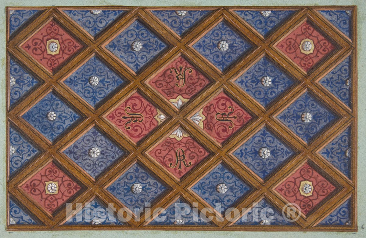 Art Print : Jules-Edmond-Charles Lachaise - Design for a coffered Ceiling with Painted Initials: SRI (?) : Vintage Wall Art