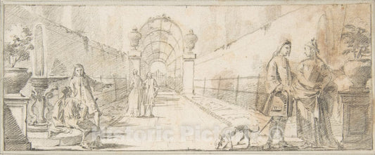 Art Print : Giovanni Battista Tiepolo - Illustration for a Book: Figures in Conversation in a Garden : Vintage Wall Art