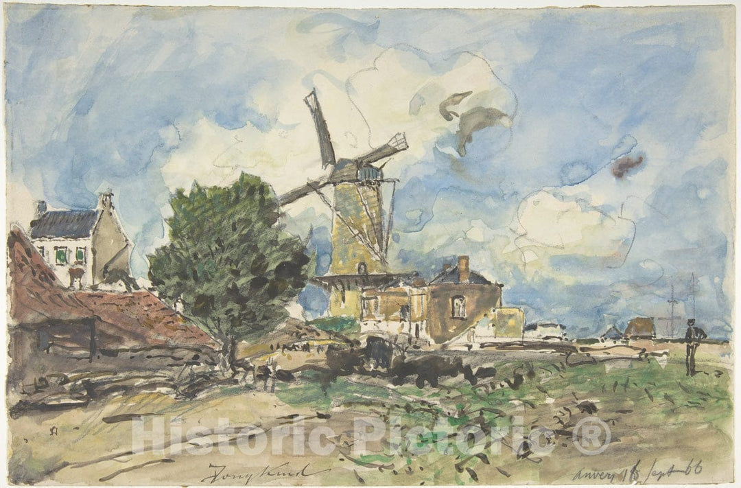 Art Print : Johan Barthold Jongkind - Wind Mill at Antwerp : Vintage Wall Art